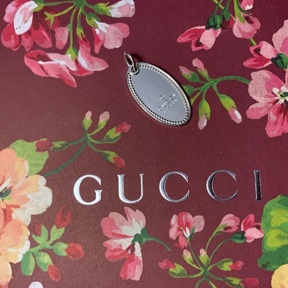 Authentic GUCCI Logo Milgrain Oval Dog Tag PENDANT Charm 925 Sterling Silver - Picture 3 of 6